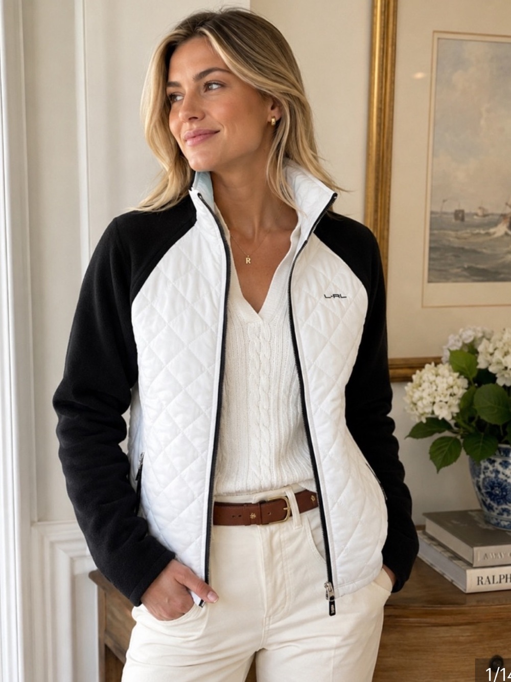 Ralph Lauren Black & White Lauren Active Quilted With Fleece Jacket